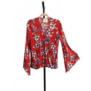 NWOT Fantastic Fashion Floral Wrap Top - Red & Blue - Size L